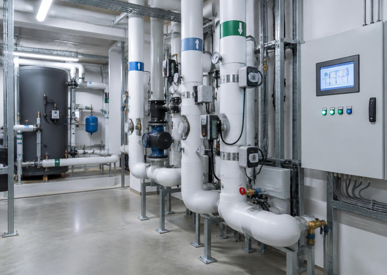 Technikzentrale mit Rohrleitungen, Sensoren und Bedienpanel der Gebäudeautomation